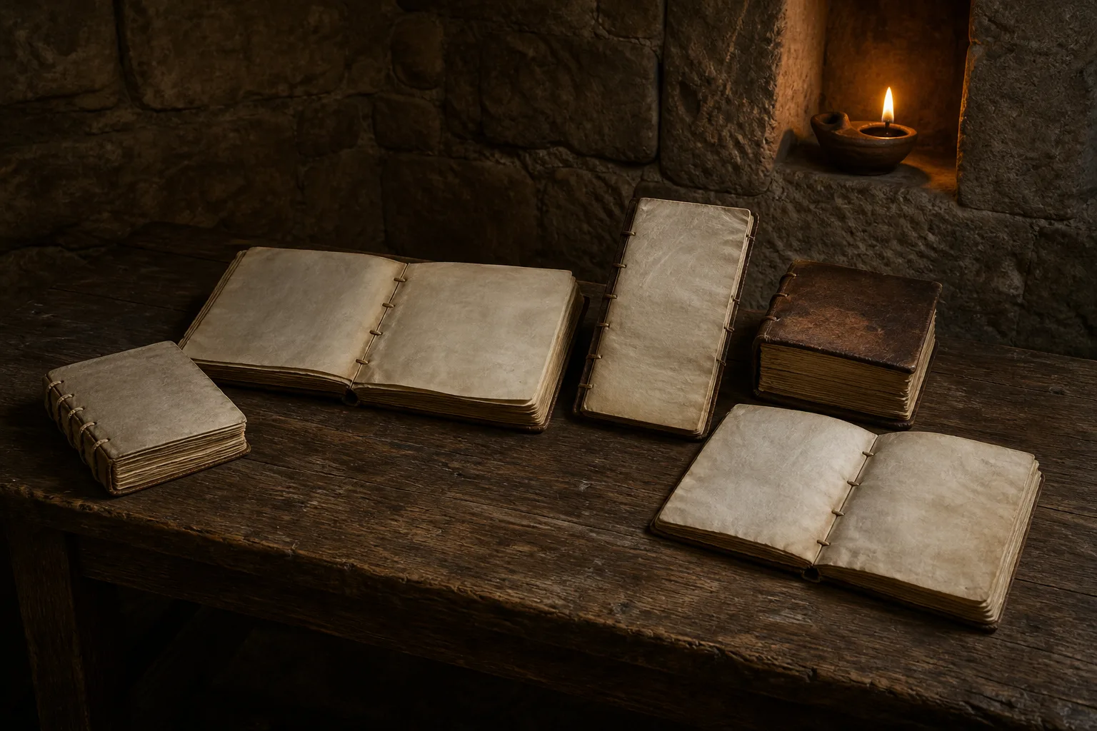 Five open and closed parchment codices arranged on a rough wooden table in a stone room beside a small oil lamp