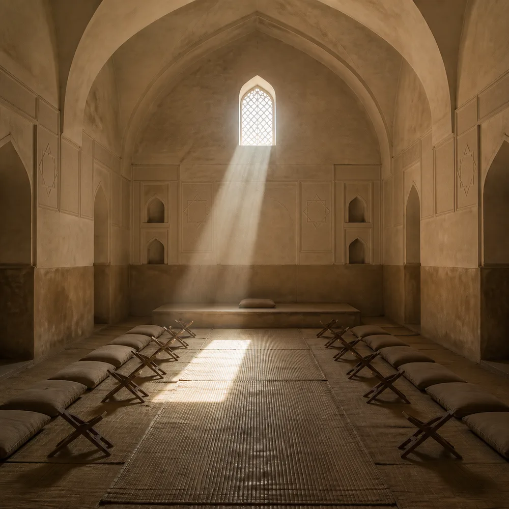 Empty vaulted stone hall with two rows of low book stands and a shaft of sunlight crossing the central aisle