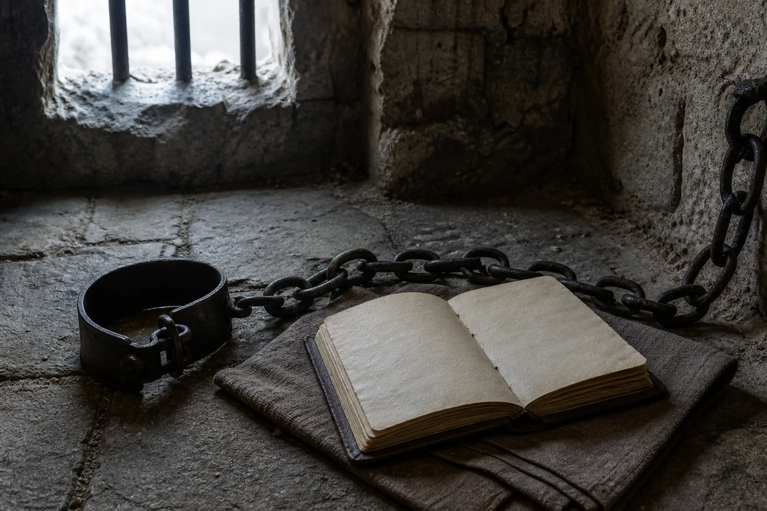 Open manuscript on folded cloth beside heavy iron chains and a shackle in a stone prison cell