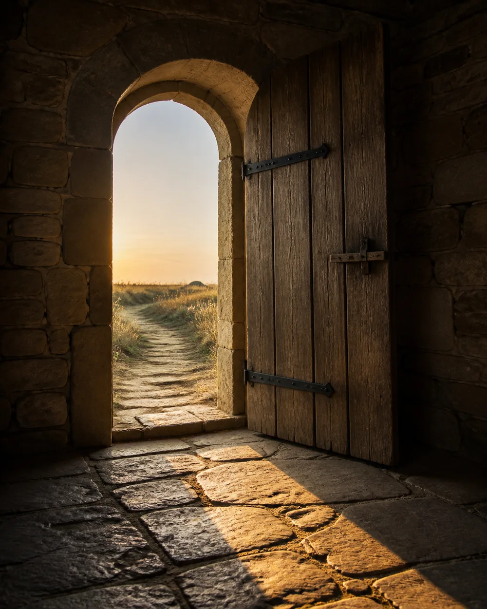 Heavy wooden door standing open in a stone wall onto a sunlit path at dawn