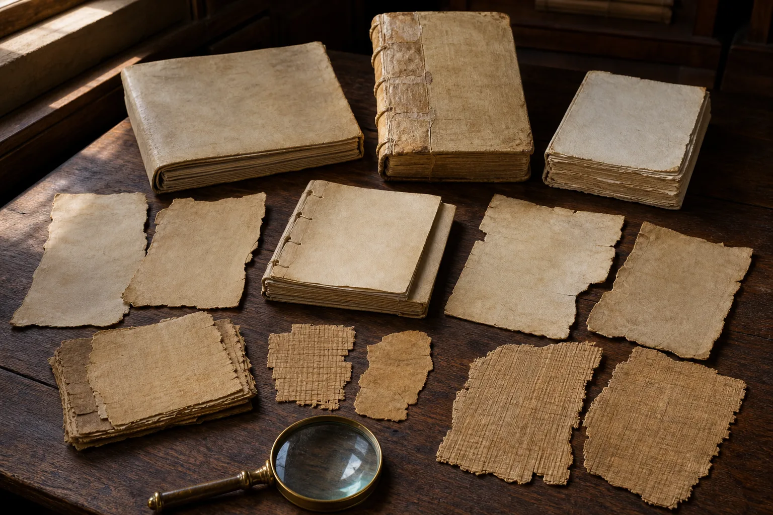 Assorted parchment leaves and bound codices spread across a wooden table beside a magnifying glass
