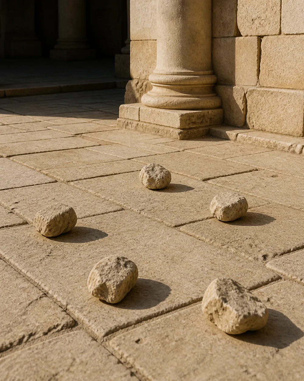 Six rough stones scattered across pale paving beneath a sunlit stone colonnade