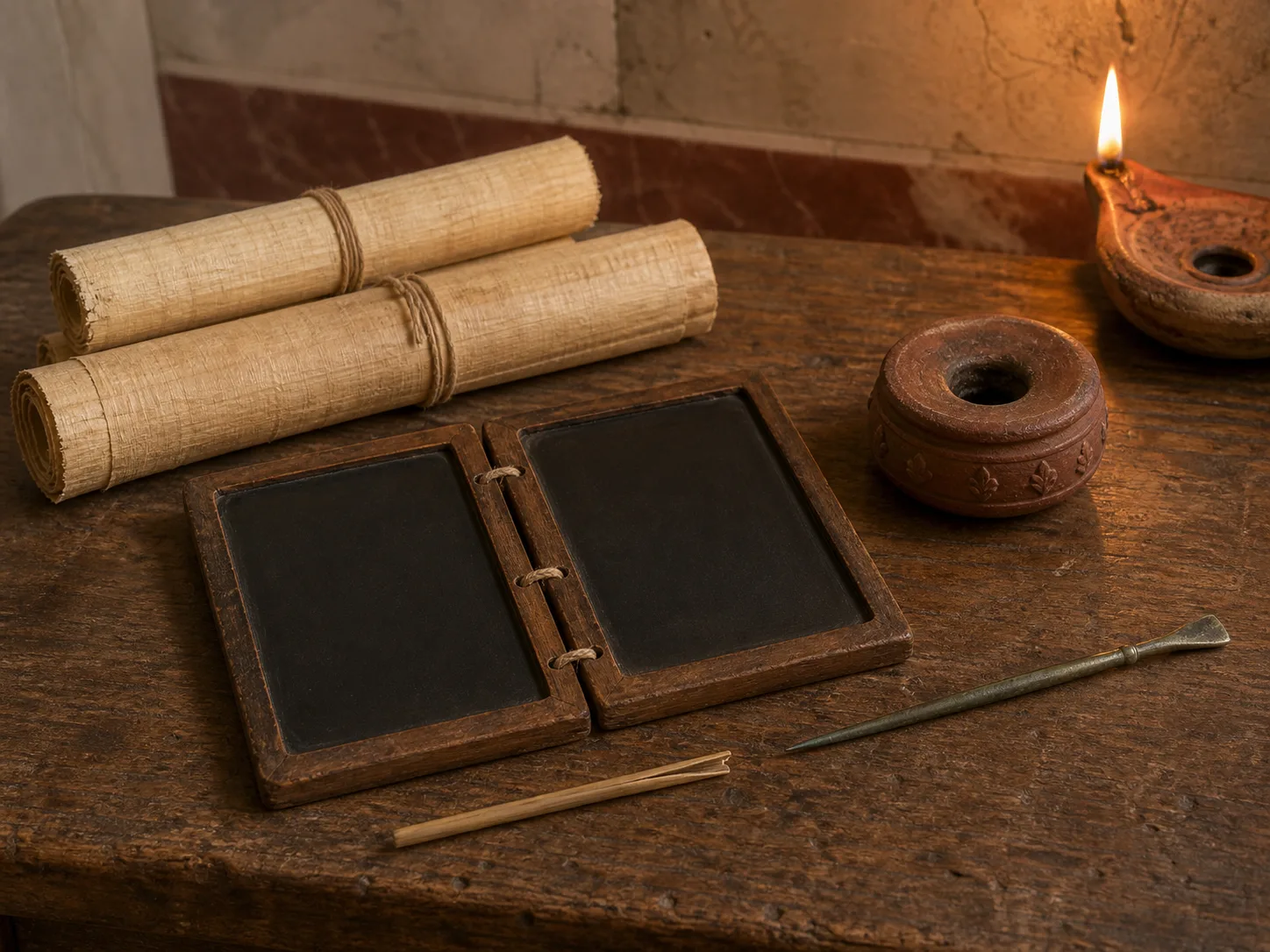 Papyrus rolls, an open wax tablet, bronze stylus, inkpot, and oil lamp arranged on a wooden writing table
