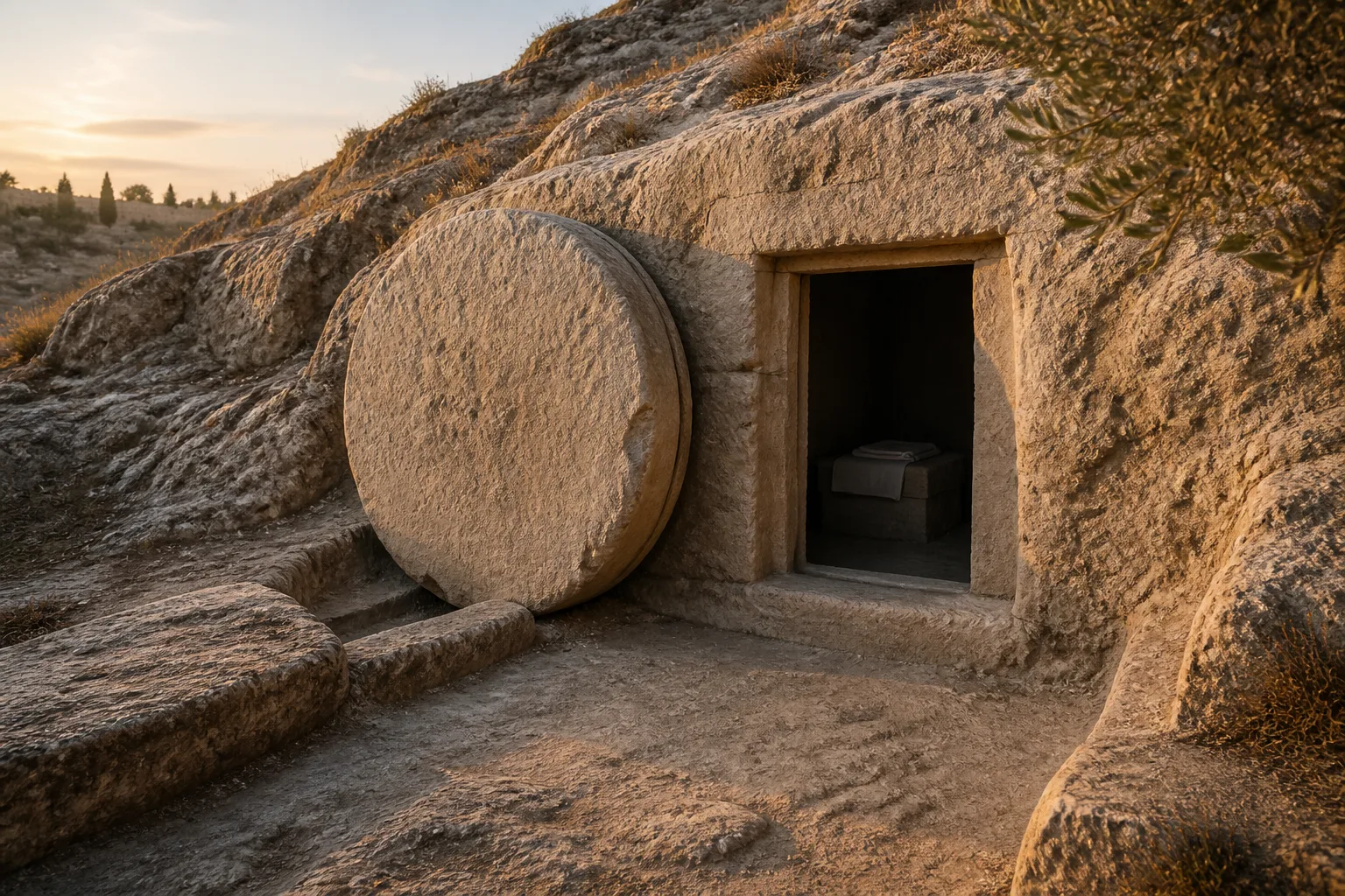 Rock-cut tomb with its round stone rolled aside and a stone shelf visible inside