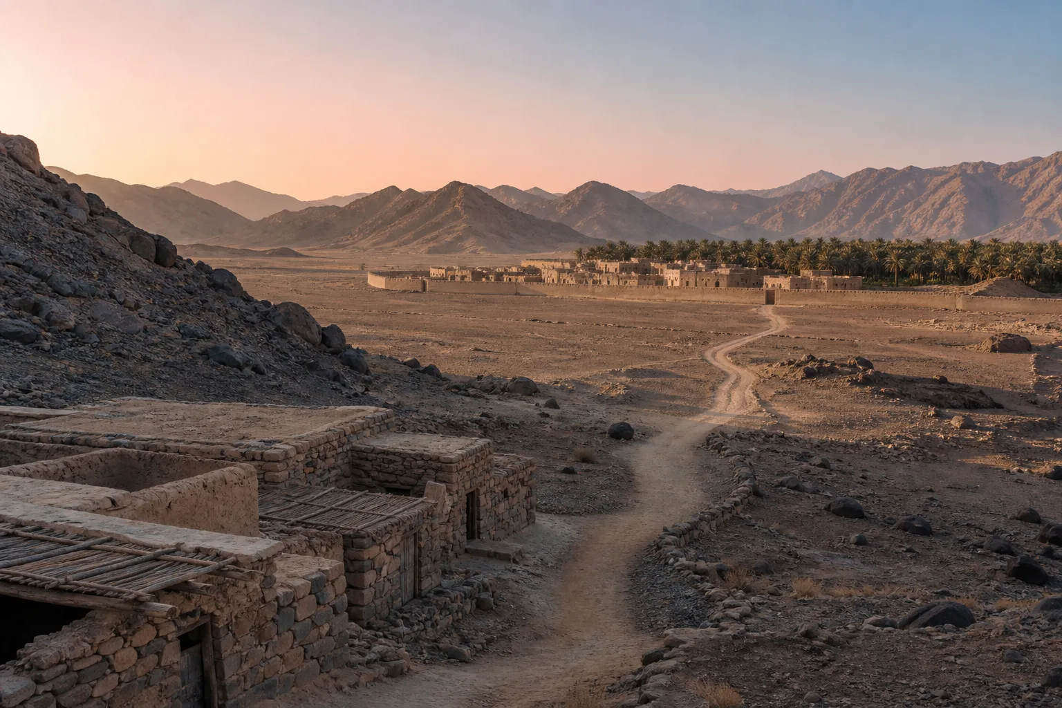Winding dirt road crossing an arid valley toward a distant palm-lined settlement and mountains at sunset