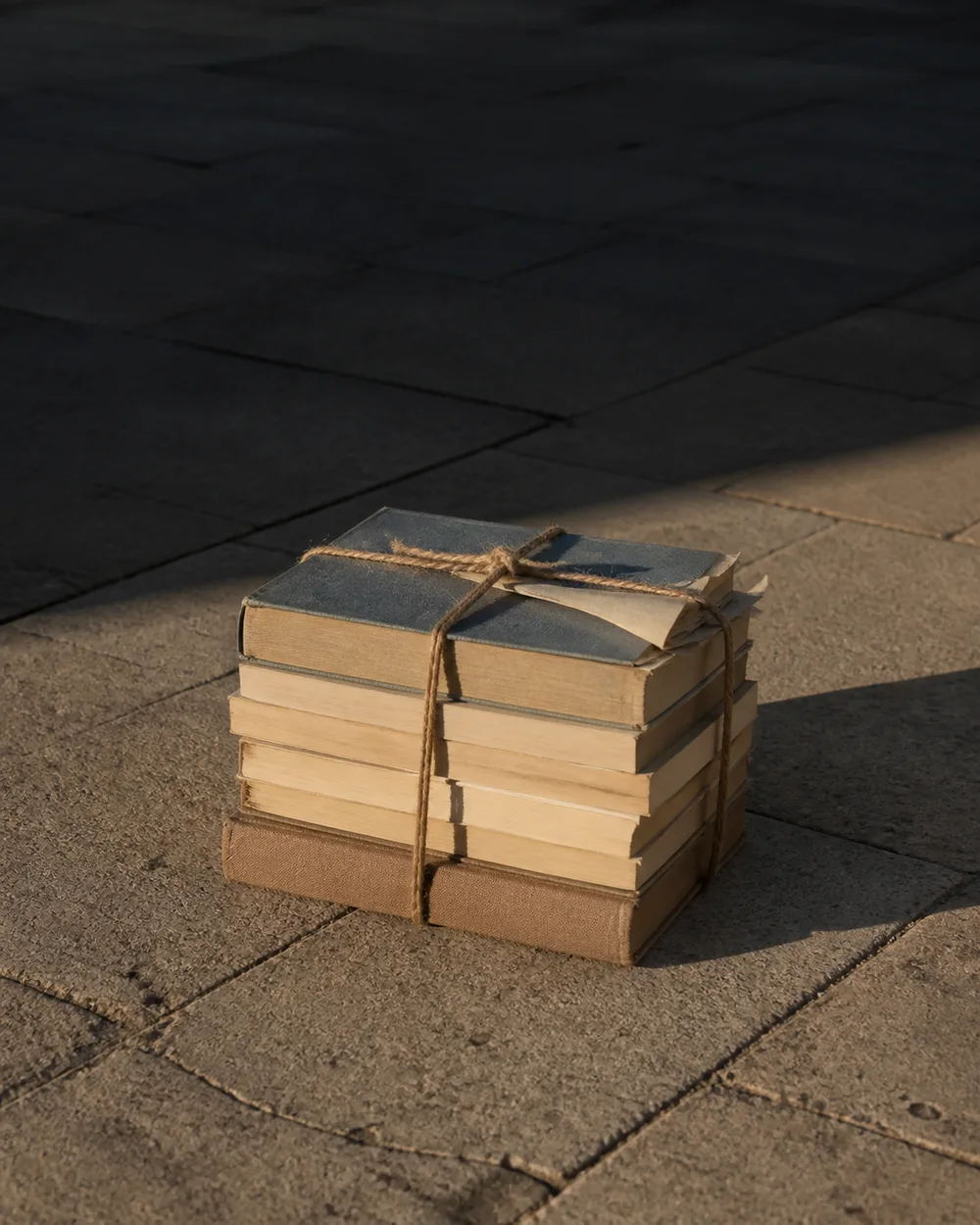 Small bundle of closed cream-colored books tied with twine on empty stone pavement in a shaft of light