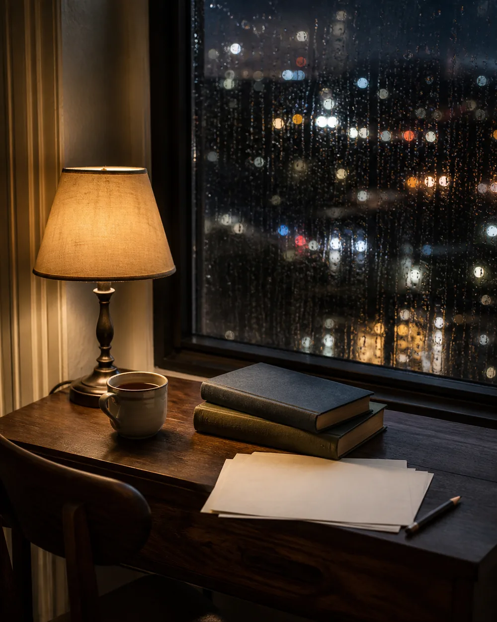 Lamplit writing desk with books, papers, and a cup beside a rain-covered city window at night