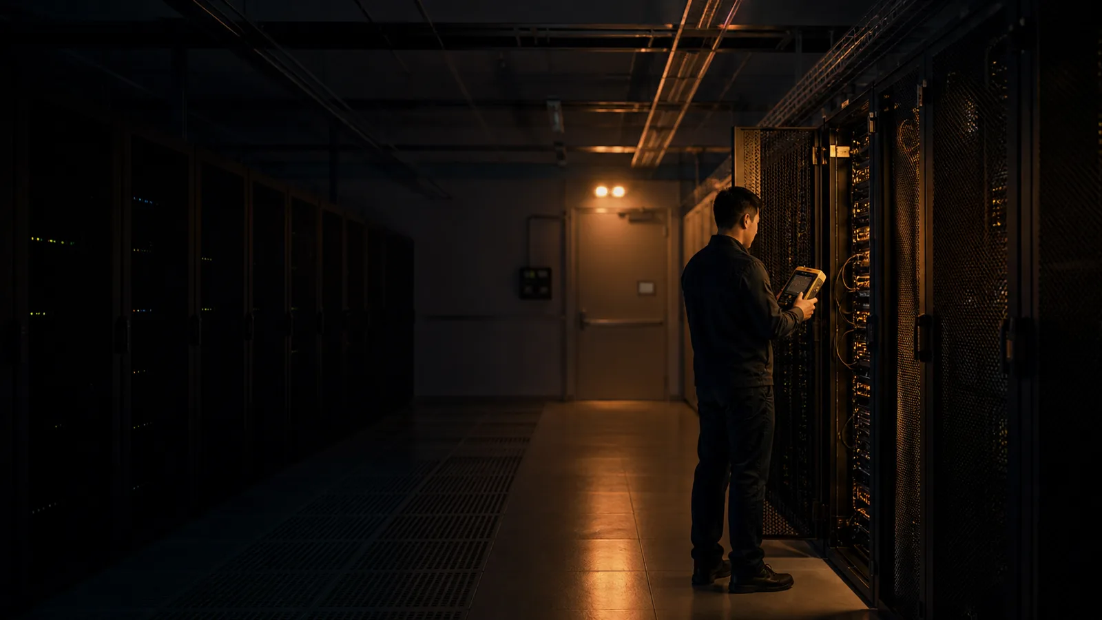 Technician reading a handheld diagnostic meter beside an open server cabinet in a dark data center aisle