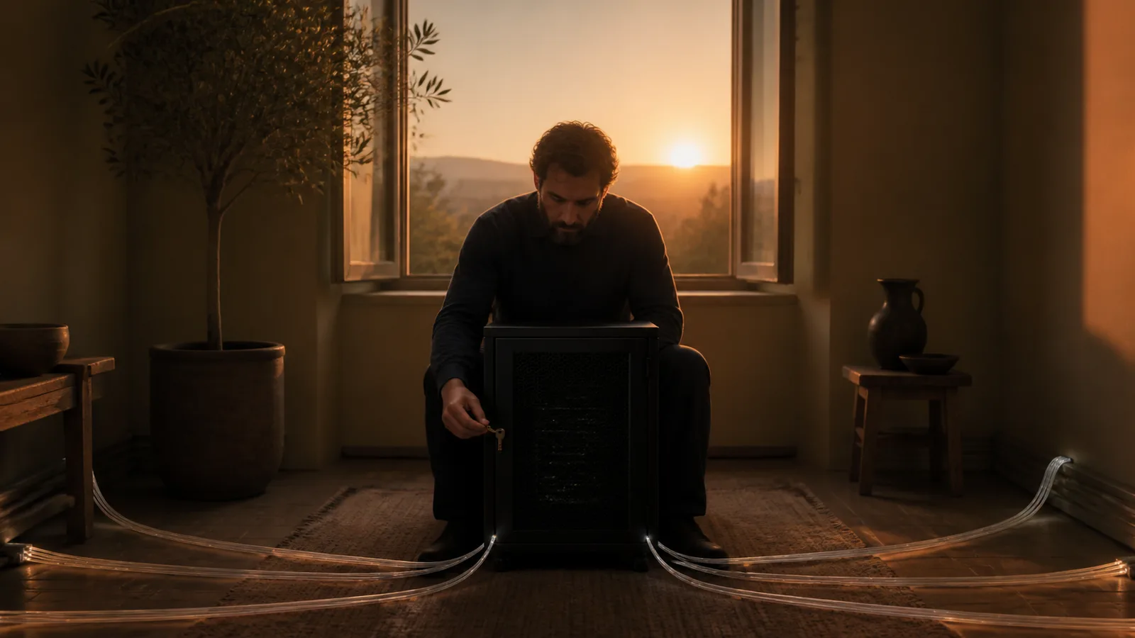 Man turning a key to lock a small black server cabinet as glowing cables converge toward it across the floor
