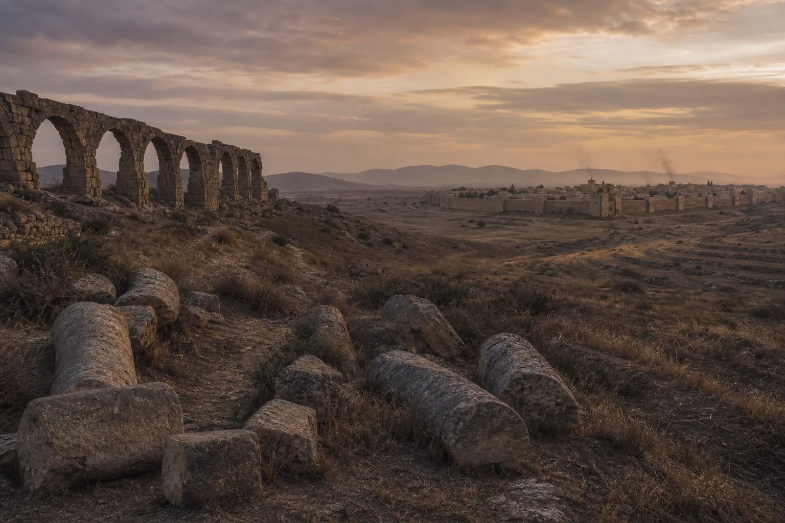 Ruined aqueduct arches and fallen stone columns overlooking dry fields and a distant town at sunset