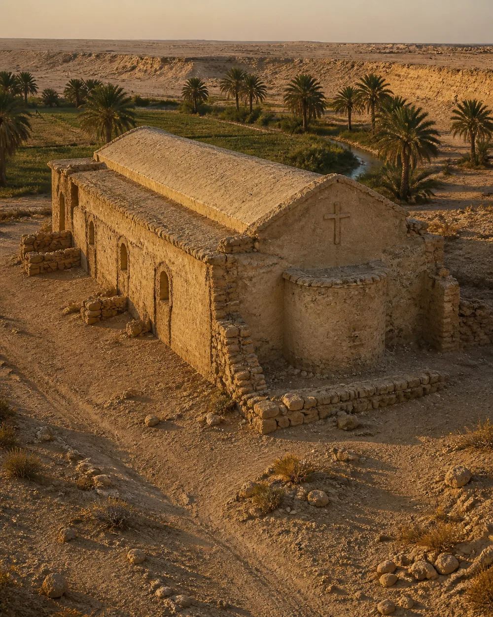 Small ancient stone church beside a palm-filled oasis in a desert landscape under warm evening light