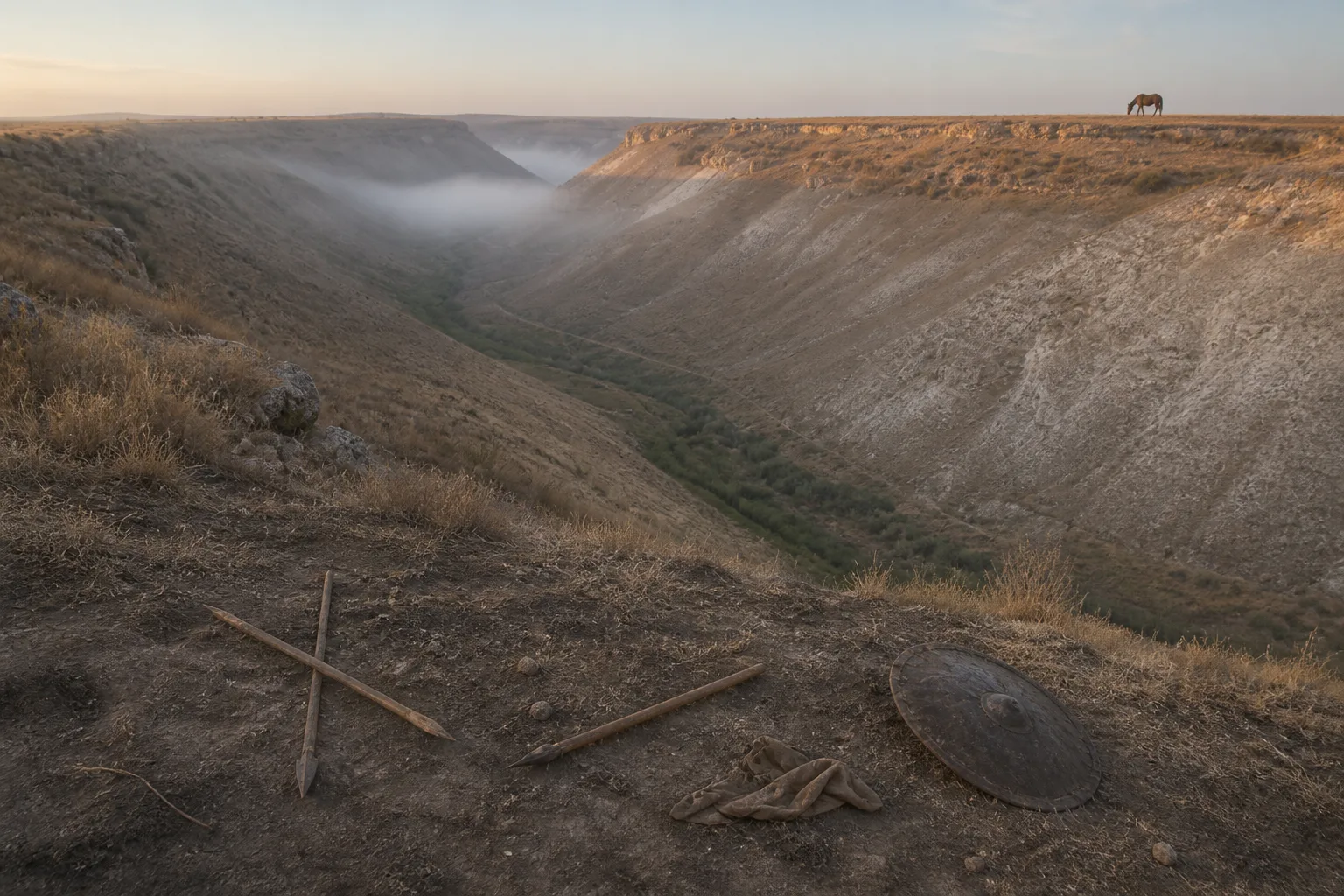 Mist-filled river gorge above scattered spear shafts, a round shield, and a lone horse on the ridge