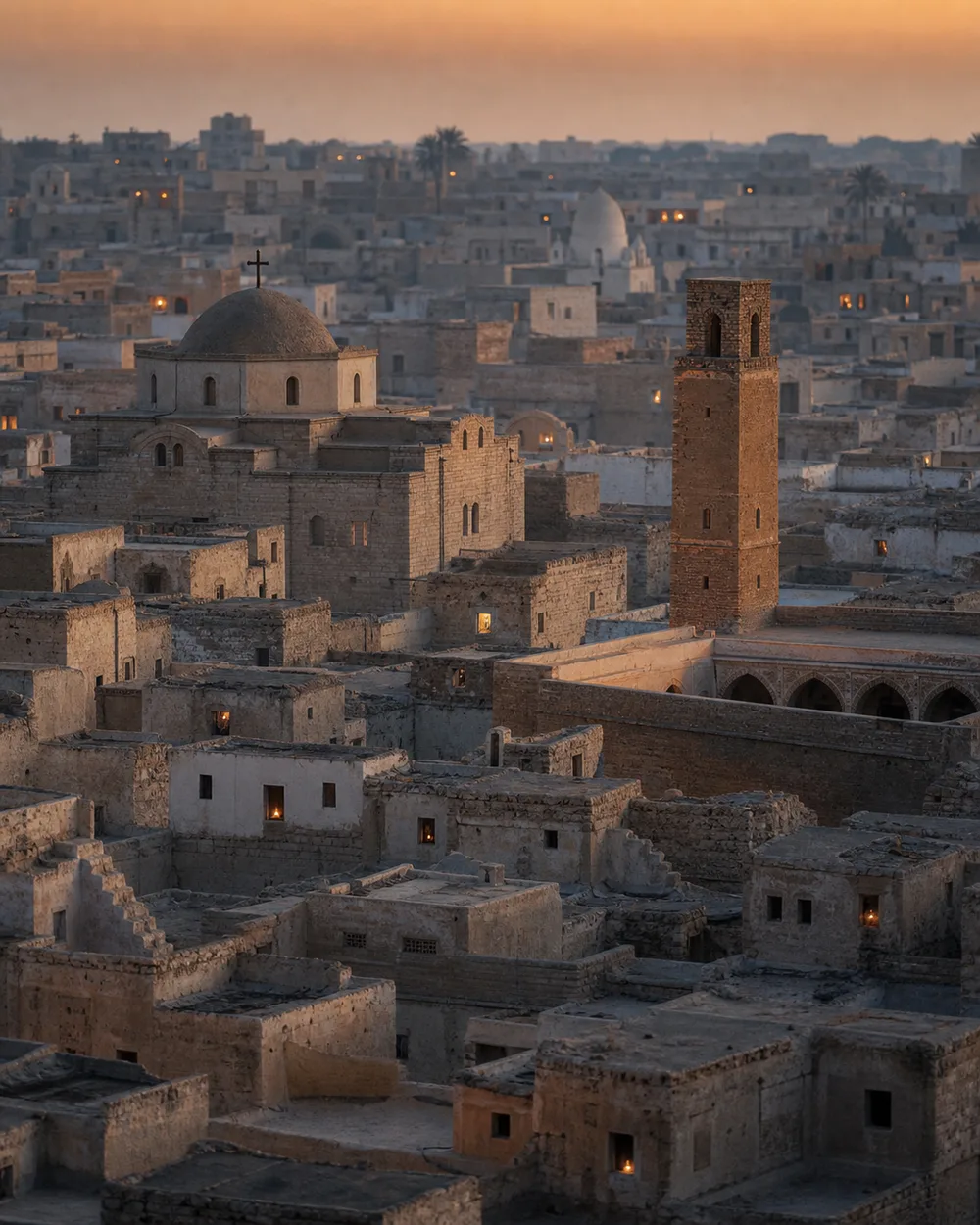 Dense Middle Eastern city at dusk with church domes and a slender minaret rising among flat rooftops