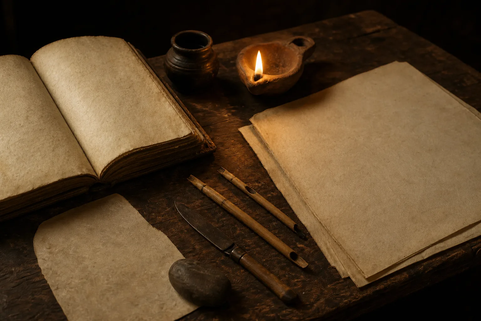 Open manuscripts, loose parchment, reed pens, and an oil lamp on a dark wooden desk