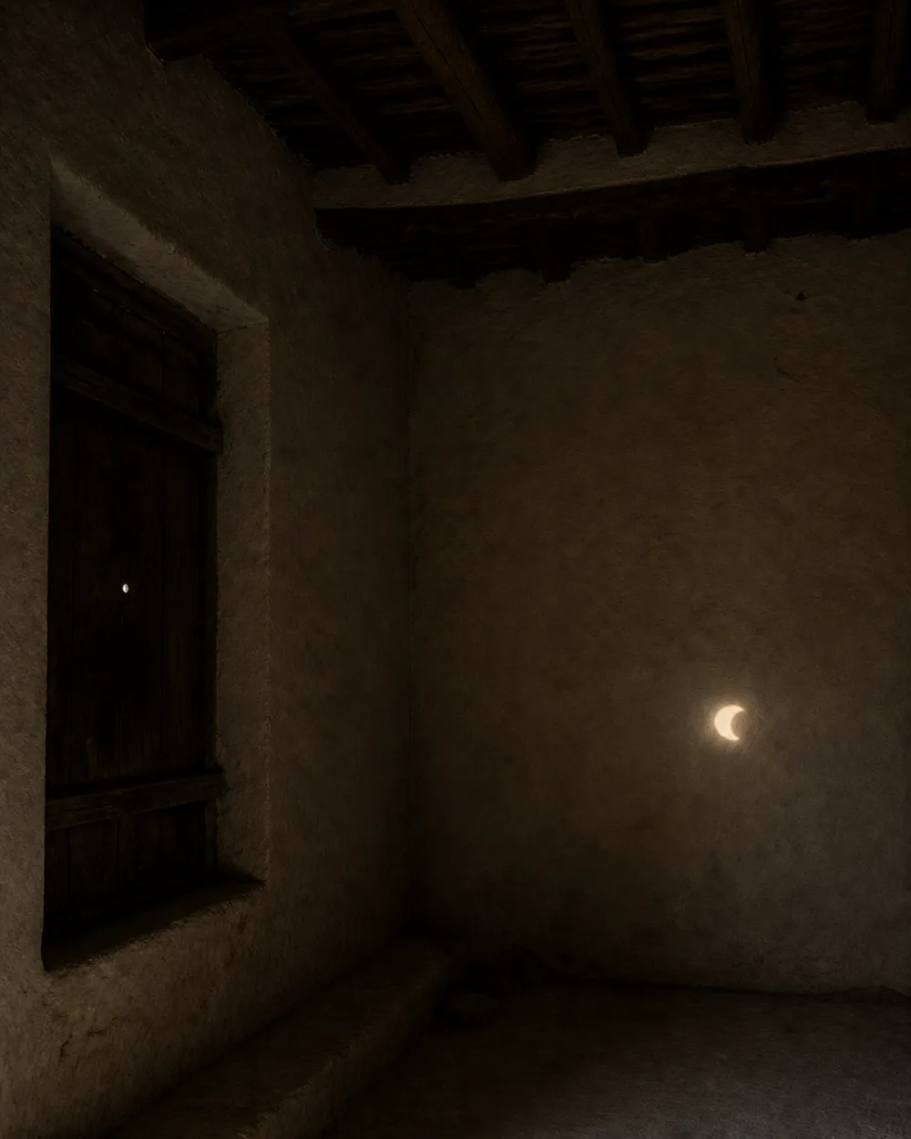 Beam of light entering a bare chamber through a small round aperture and forming a bright spot on the opposite wall