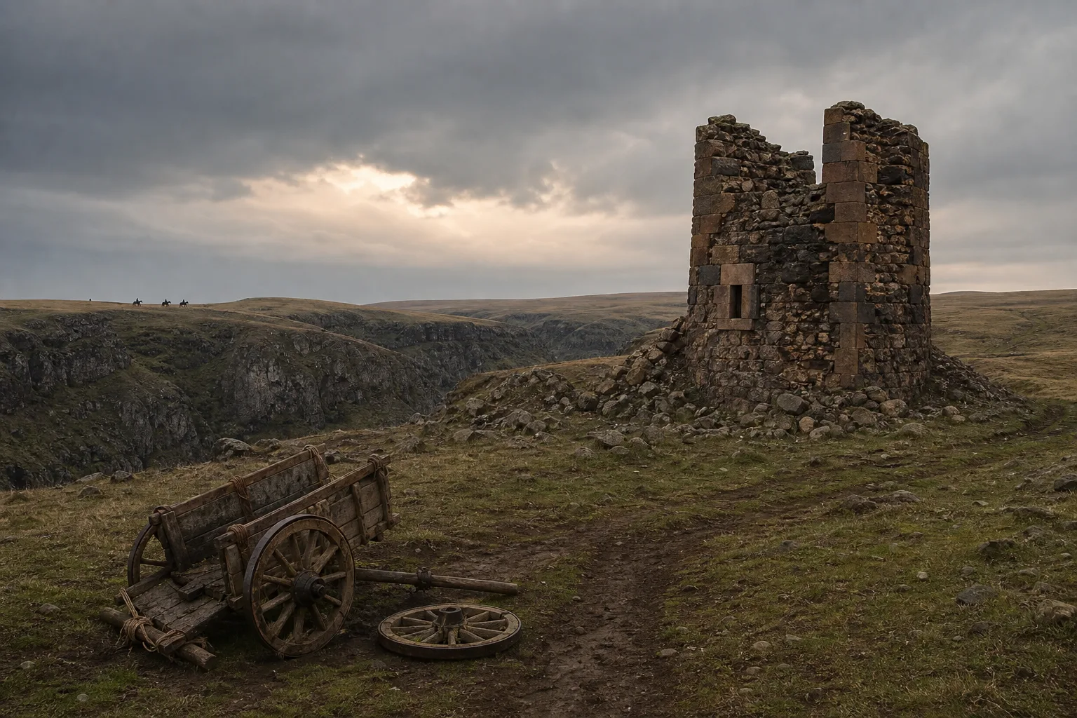 Crumbling stone guard post and broken wooden cart on a bleak plateau beneath heavy clouds
