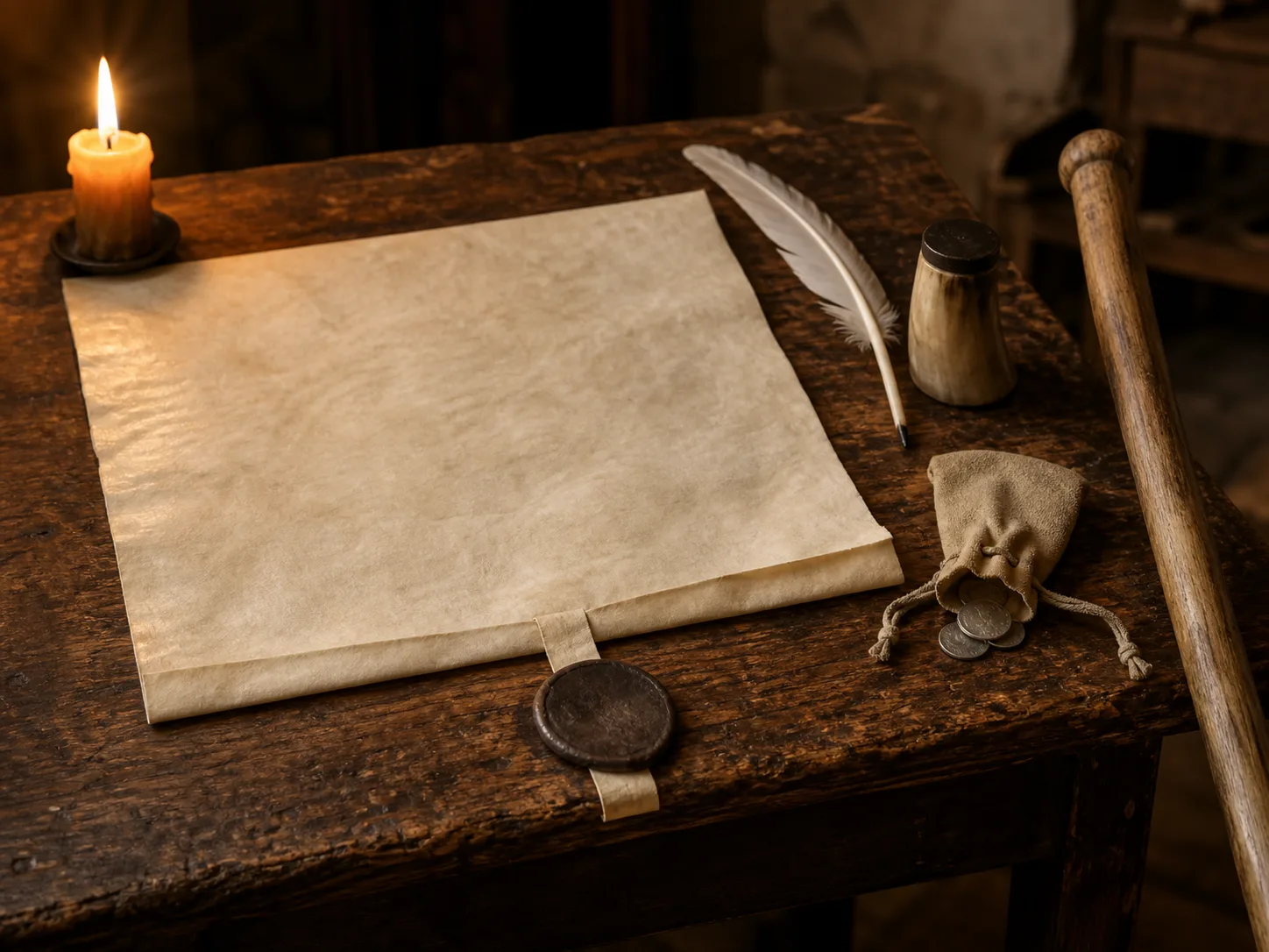 Blank parchment charter beside a candle, quill, inkpot, small pouch, and wooden staff on a writing table