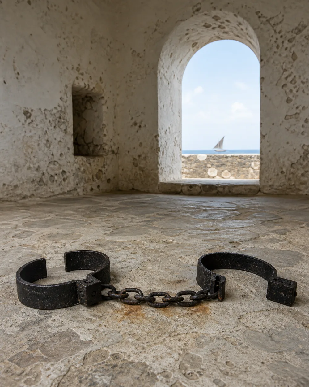 Iron ankle shackles joined by a chain on the stone floor of a whitewashed coastal fort