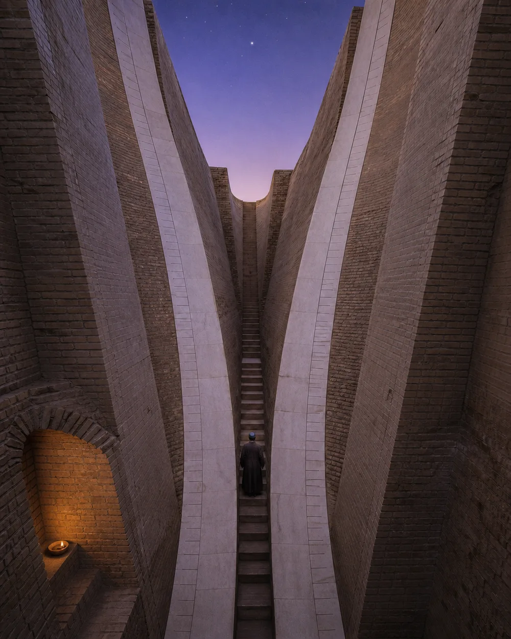 Narrow brick stairway rising between tall angled walls with a small lamp glowing at the base