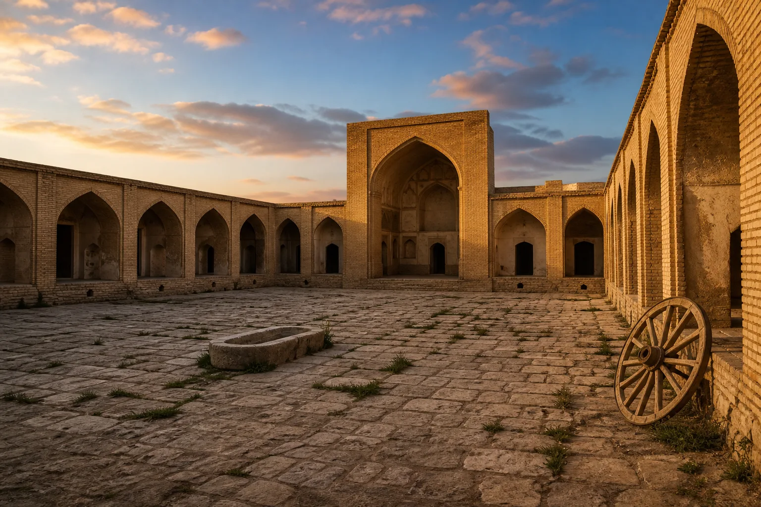 Empty brick courtyard with arched cells, a central well, and a wooden cart wheel in late sunlight