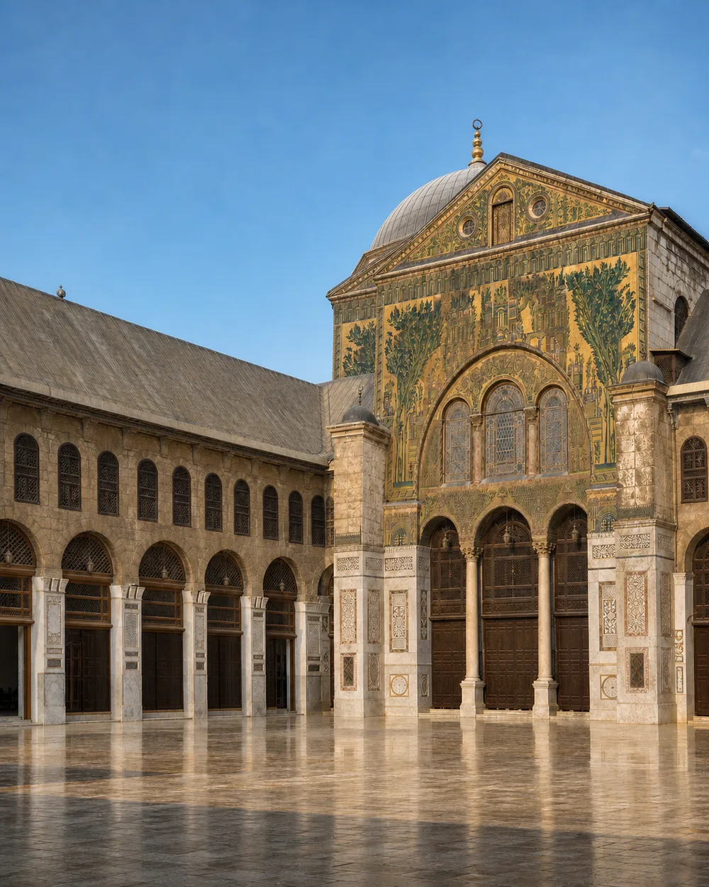 Mosaic-covered stone facade and arcades reflected across a polished courtyard under a clear blue sky