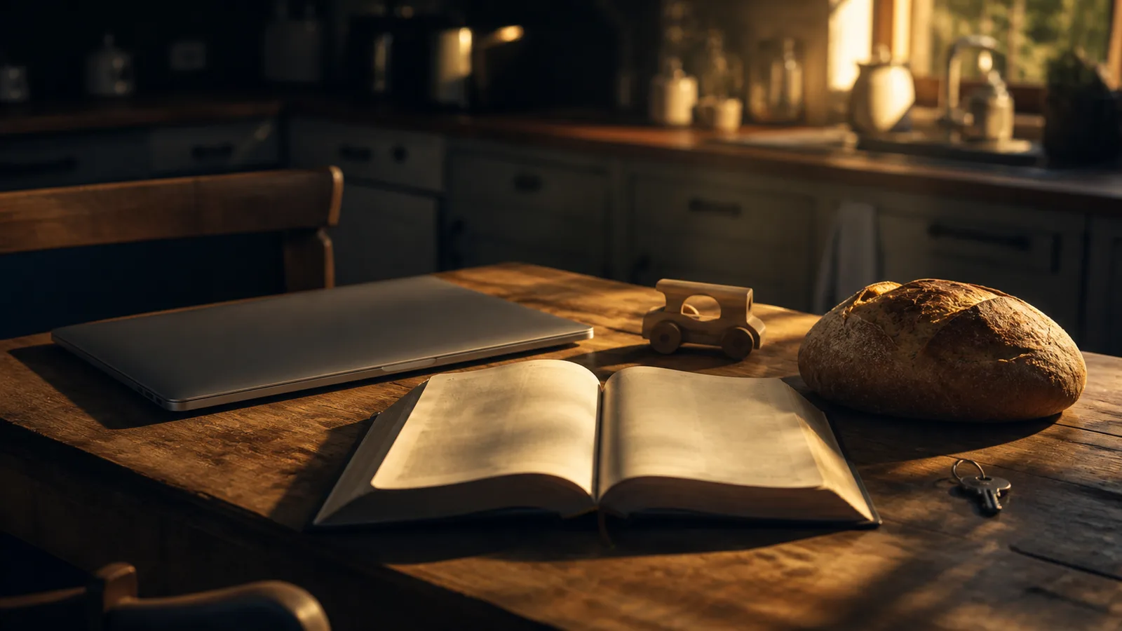 Open Bible on a kitchen table beside a closed laptop, a wooden toy car, keys, and a loaf of bread
