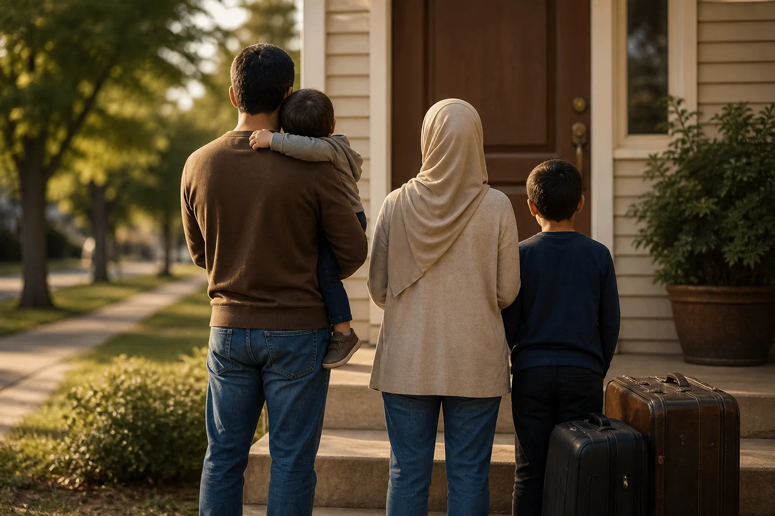 Family of four seen from behind at a suburban front door, with one child being carried and suitcases beside them