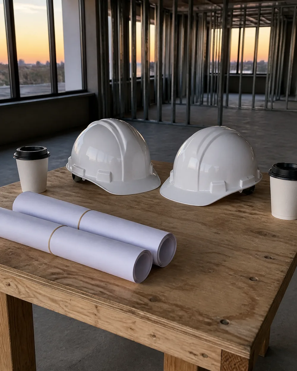 Two white hard hats, rolled plans, and coffee cups on a worktable inside an unfinished building at sunset