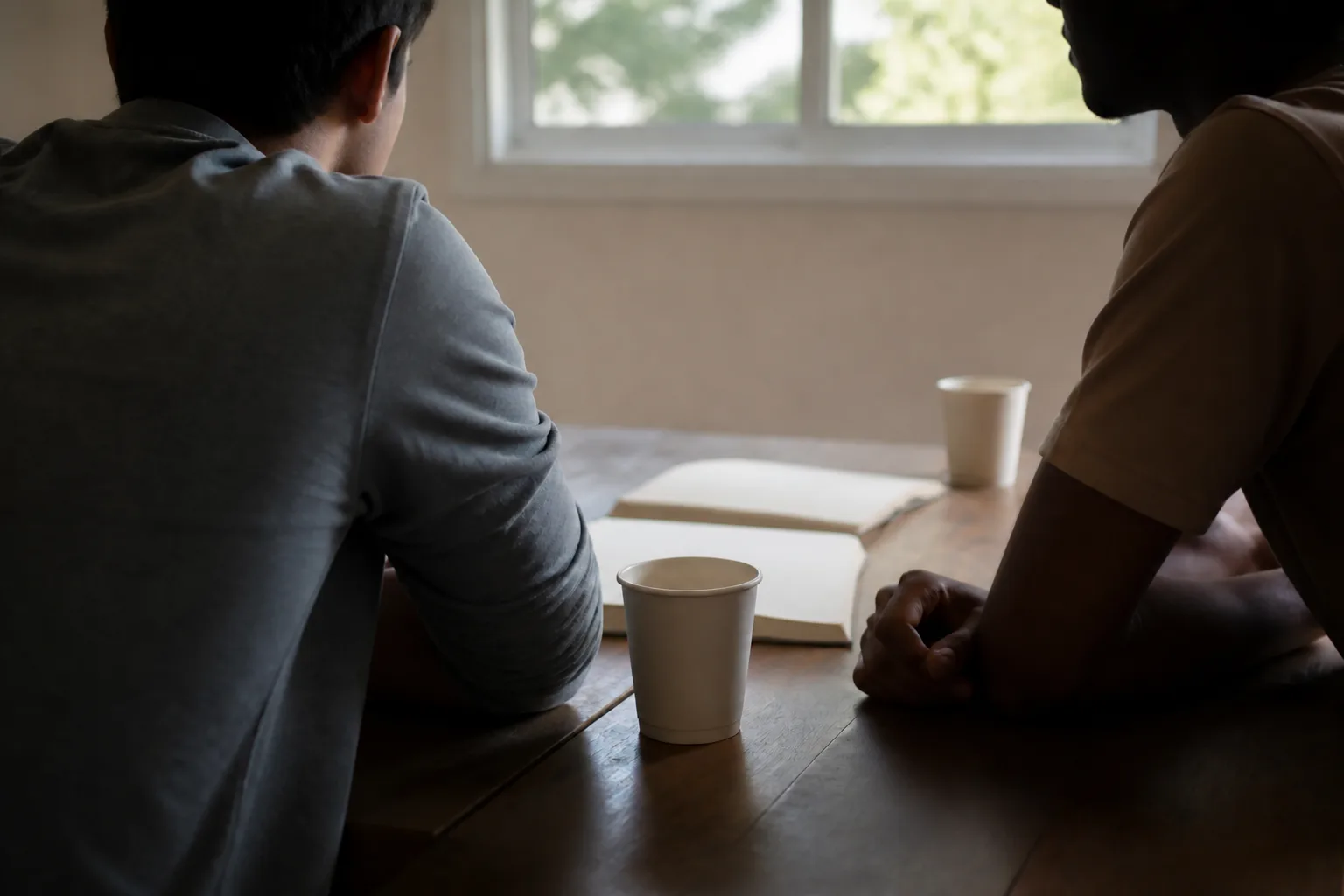 Two men seen from behind seated at a table with an open book and two plain cups