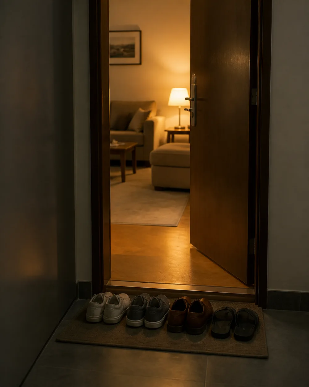 Open apartment doorway with several pairs of shoes lined on a mat and a warmly lit living room beyond