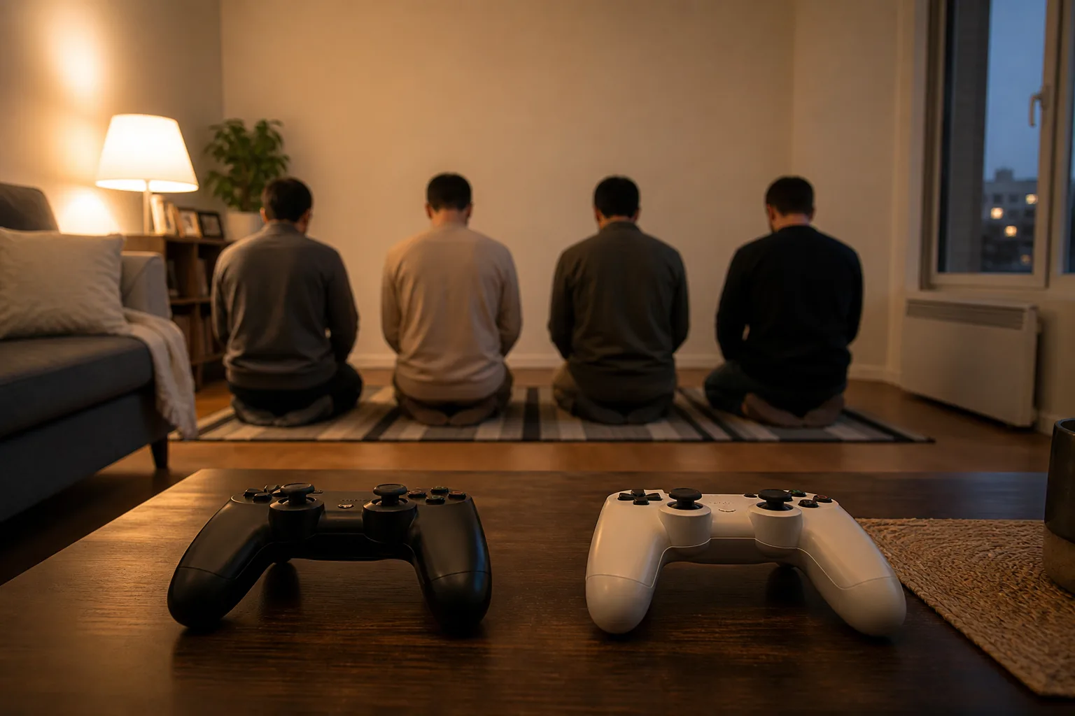 Two game controllers on a coffee table while four men kneel shoulder to shoulder on a prayer rug