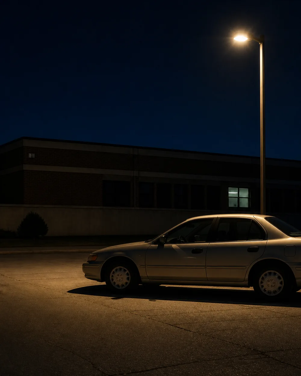 Older sedan parked alone beneath a streetlight in an empty lot at night