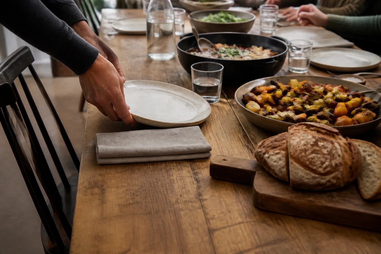 Hands placing a plate on a wooden table spread with bread, bowls, and platters for a shared meal