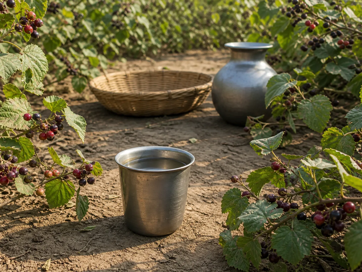 Metal cup and clay water jar set among grapevines in a sunlit garden