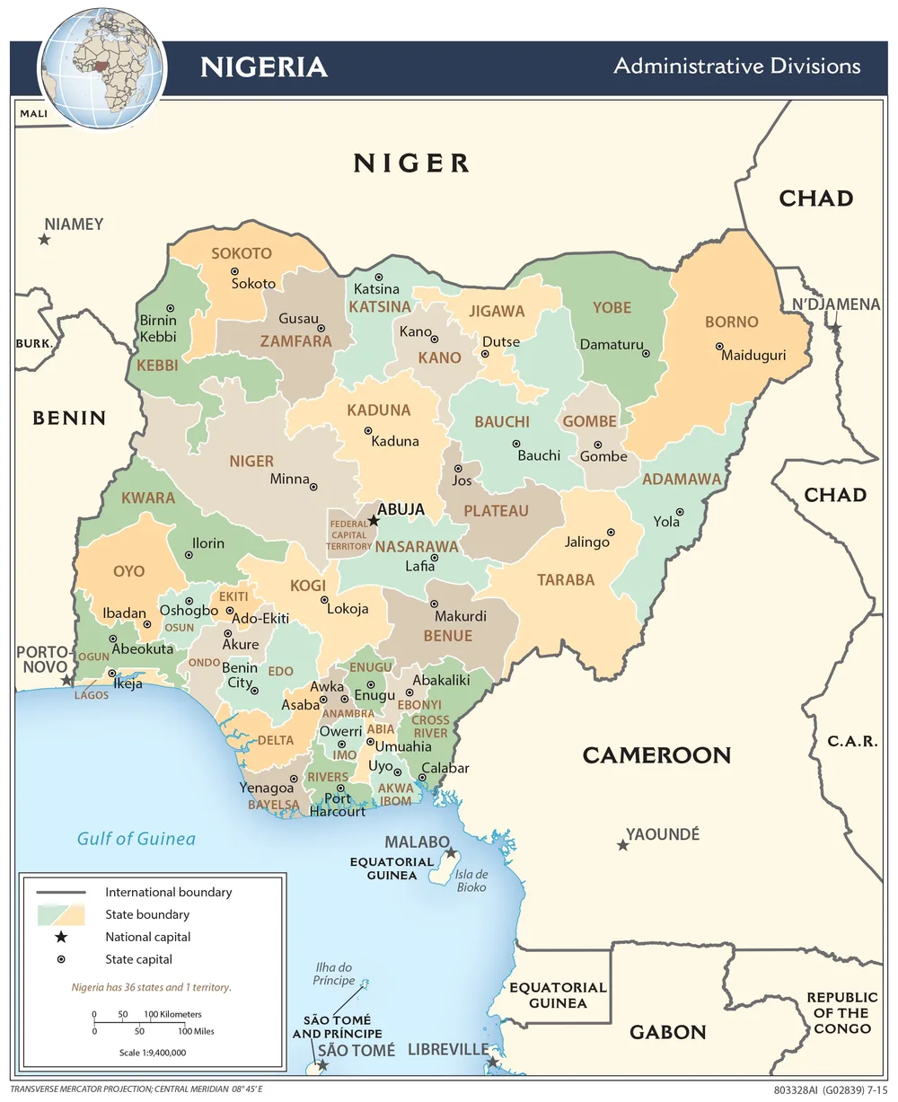 CIA administrative map of Nigeria showing state boundaries, capitals, neighboring countries, and the Gulf of Guinea
