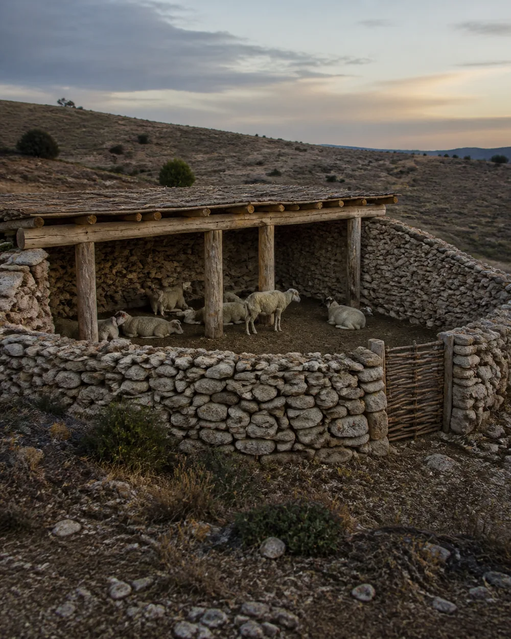 Stone sheepfold with a roofed shelter, closed woven gate, and sheep gathered inside on a rocky hillside