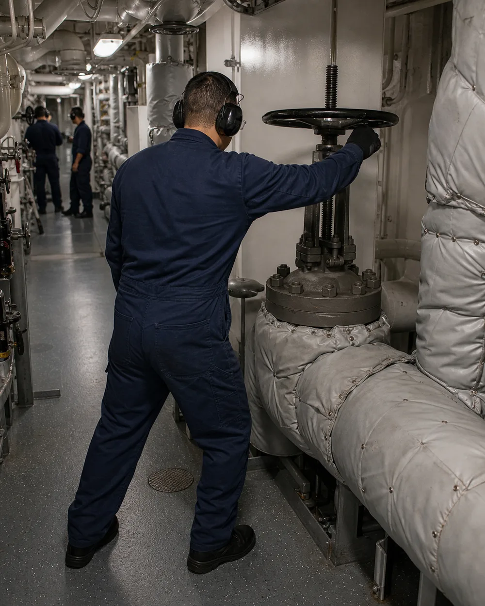 Engineer in blue coveralls turning a large black valve in a narrow machinery space