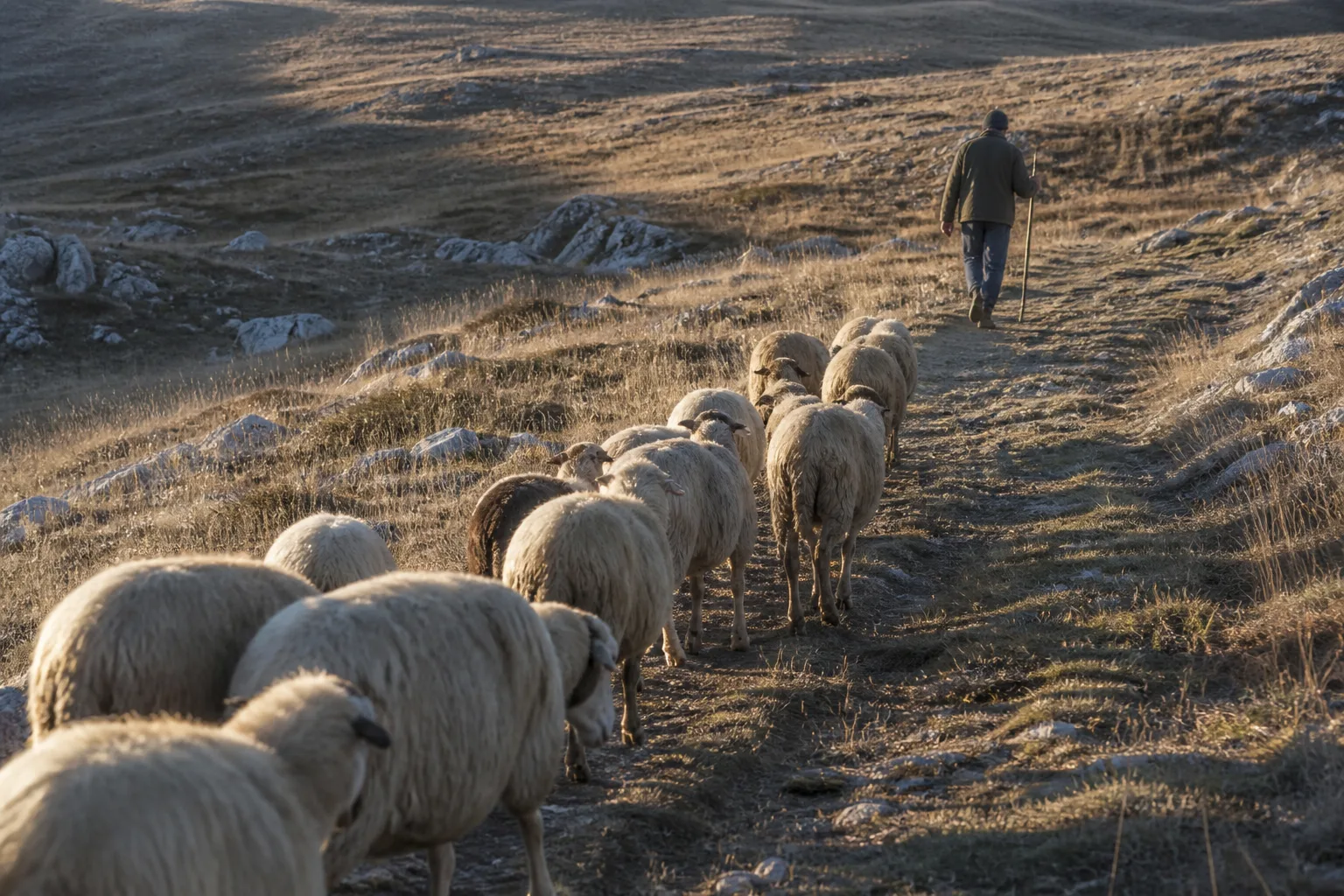 Shepherd walking ahead of a single-file flock along a rocky hillside in low evening light