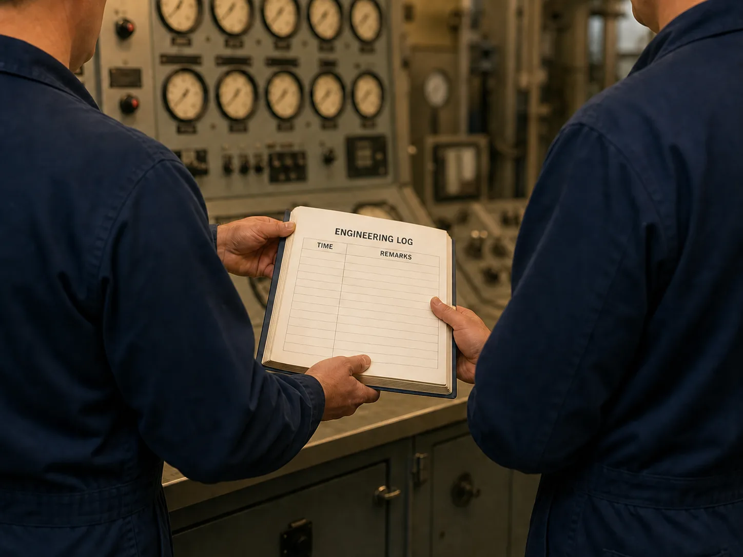 Two engineers reviewing an Engineering Log clipboard in front of an analog machinery control panel