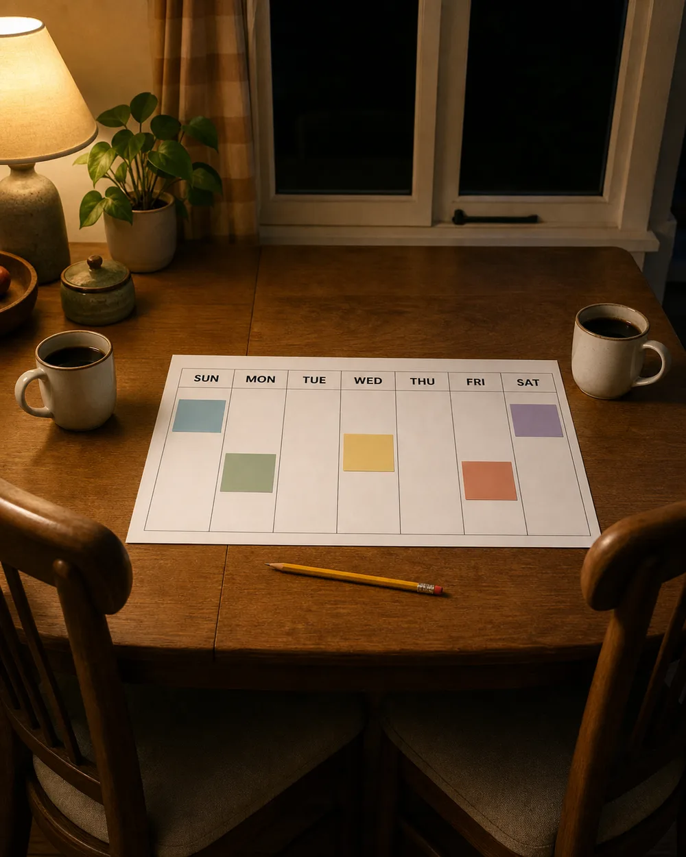 Monday-to-Sunday weekly calendar with five colored blocks on a wooden table beside a pencil and two mugs