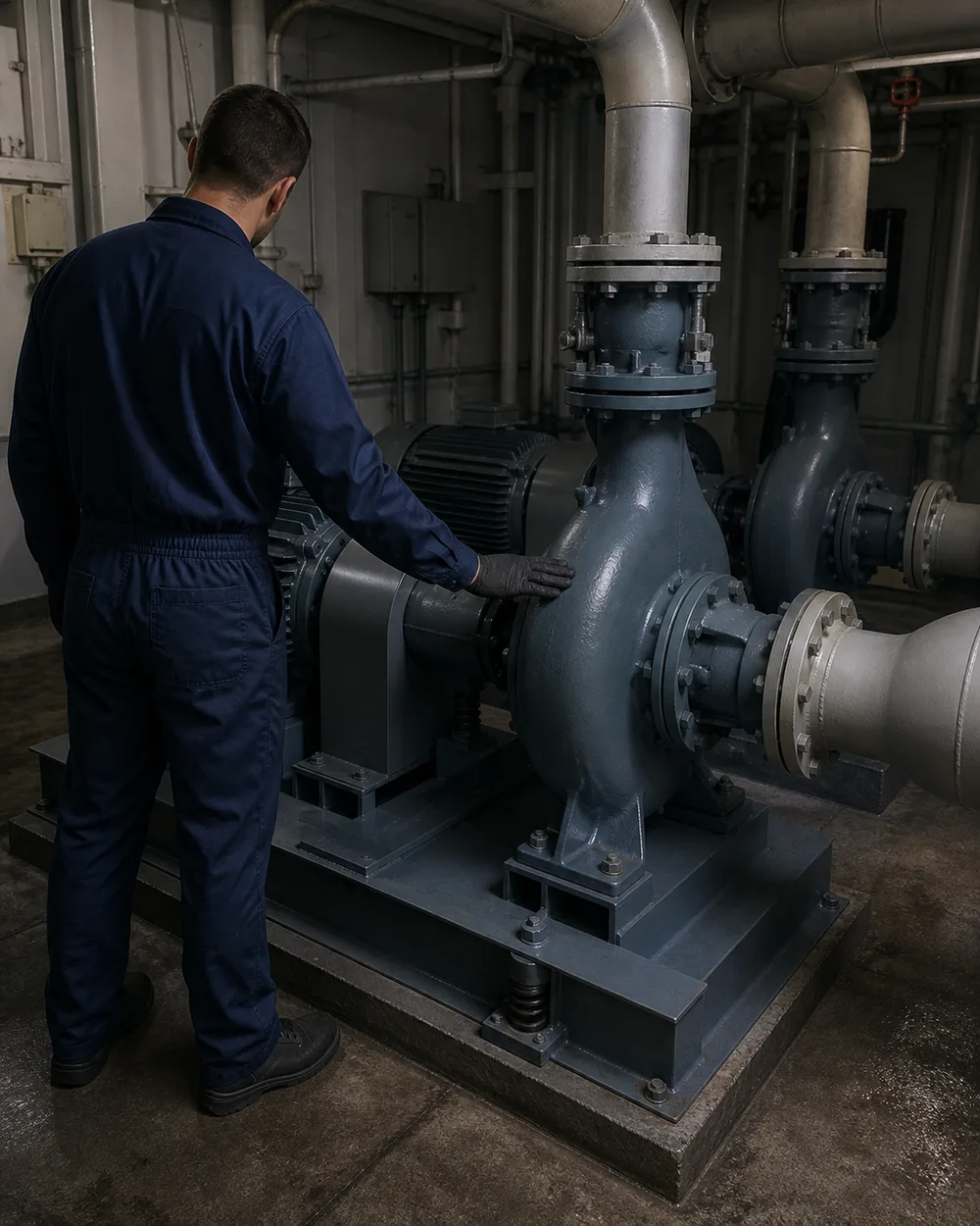 Lone engineer resting one hand on a large gray pump in a dim machinery space