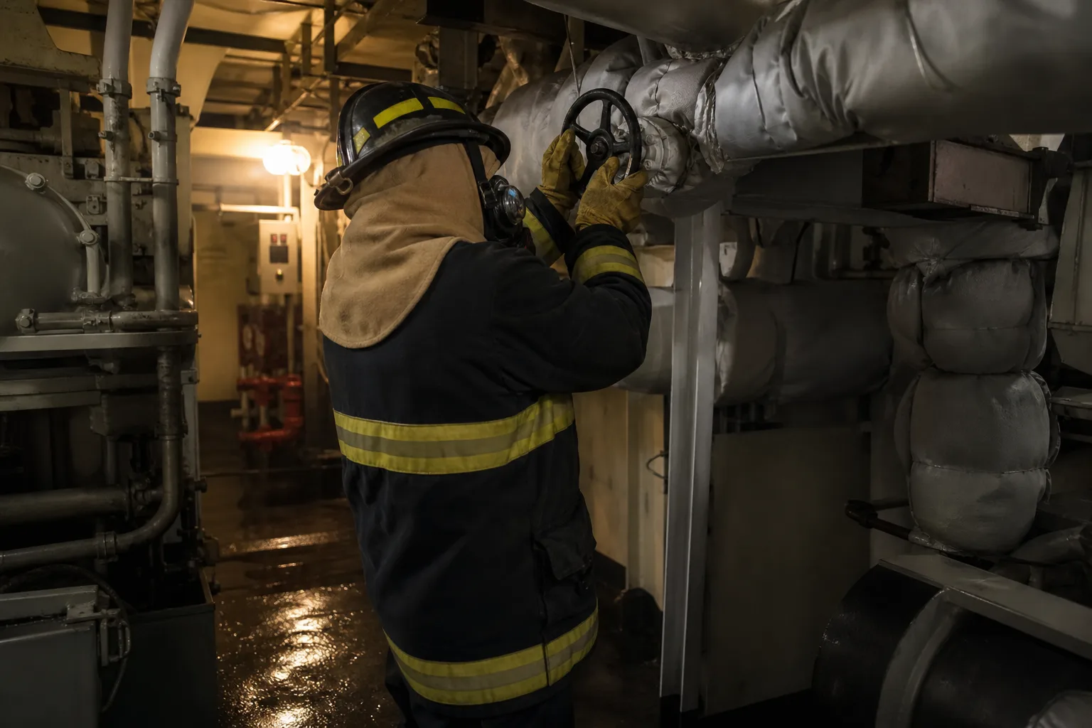 Firefighter in protective gear turning an overhead valve in a ship machinery space