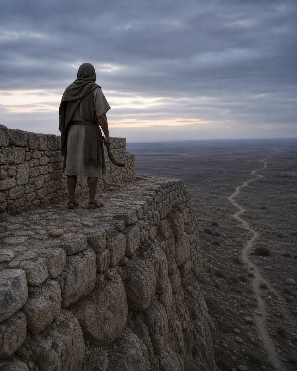 Robed lookout standing on a stone wall above an empty desert track beneath a cloudy dawn sky
