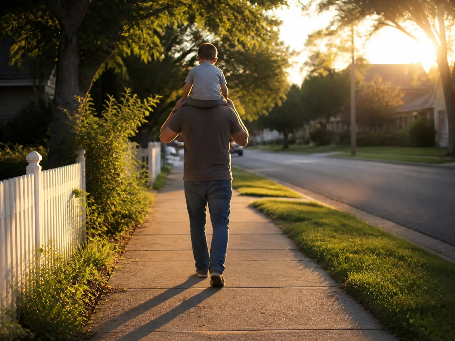Father seen from behind carrying a child on his shoulders along a suburban sidewalk at golden hour