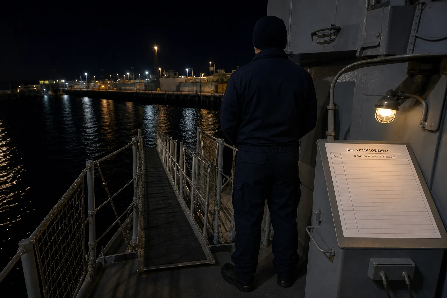 Rear-view ship watchstander beside a gangway and open deck log under harbor lights at night