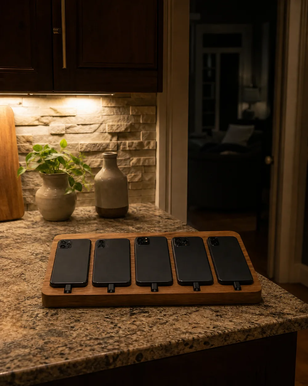 Five face-down phones connected to a wooden charging tray on a kitchen counter at night