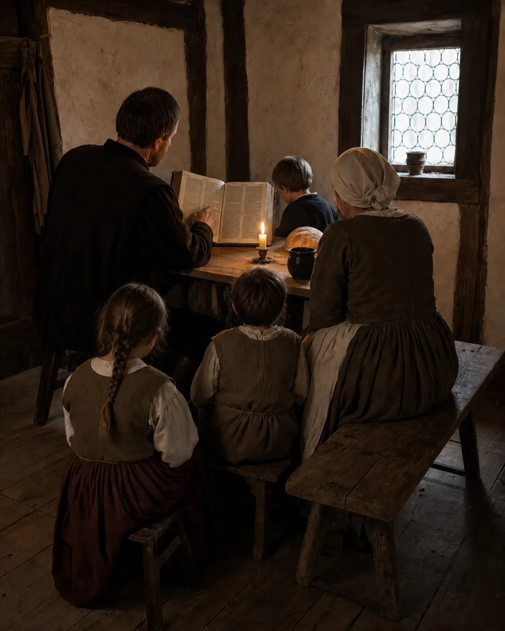 Father reading an open folio to his wife and three children in a modest timber home by candlelight