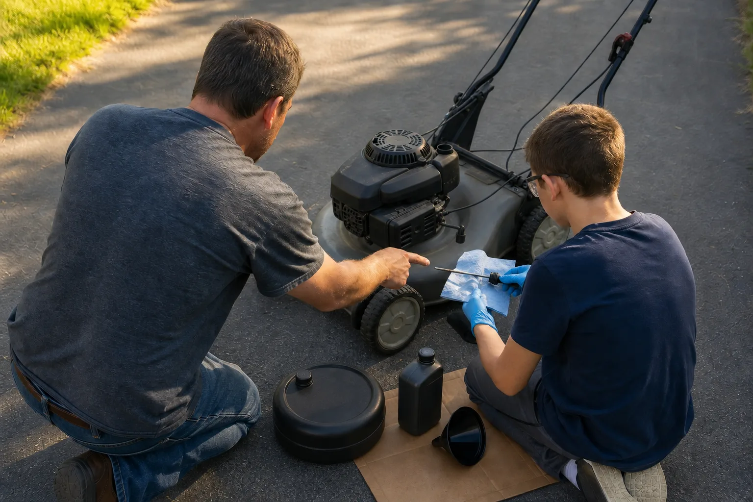 Father teaching an adolescent to check a lawn mower dipstick on a level driveway