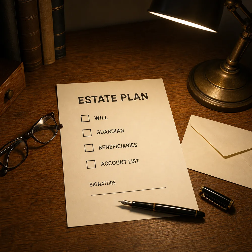 Estate planning checklist with four empty boxes on a wooden desk beneath a task lamp
