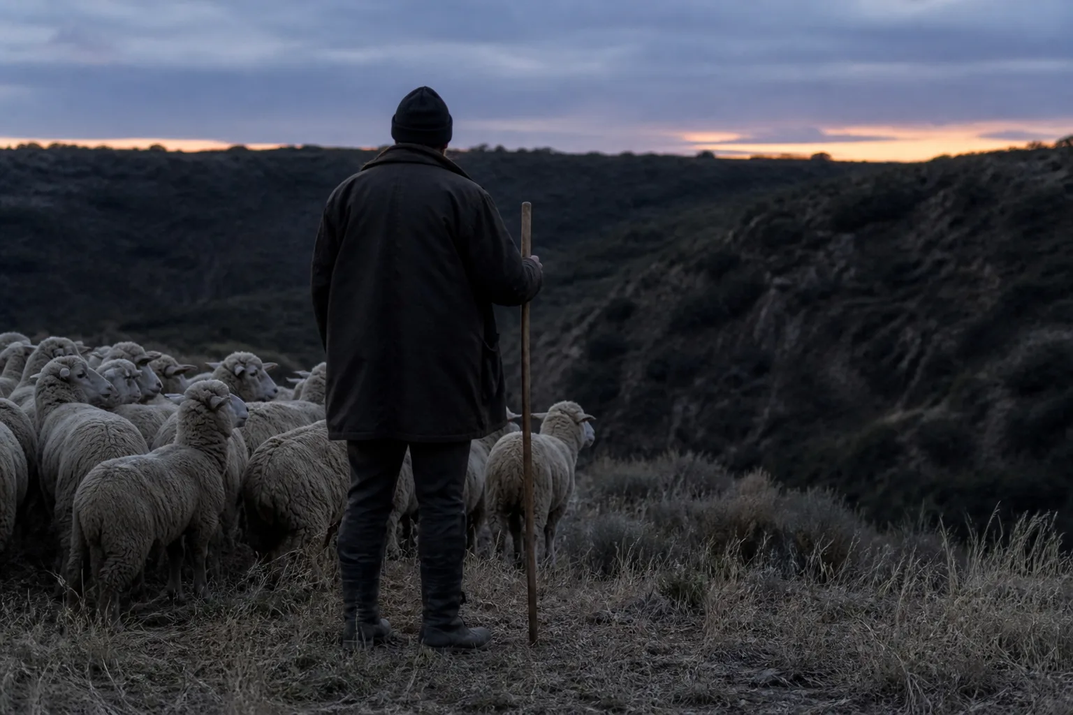 Shepherd with a planted staff standing before a huddled flock and facing a dark ravine at dusk